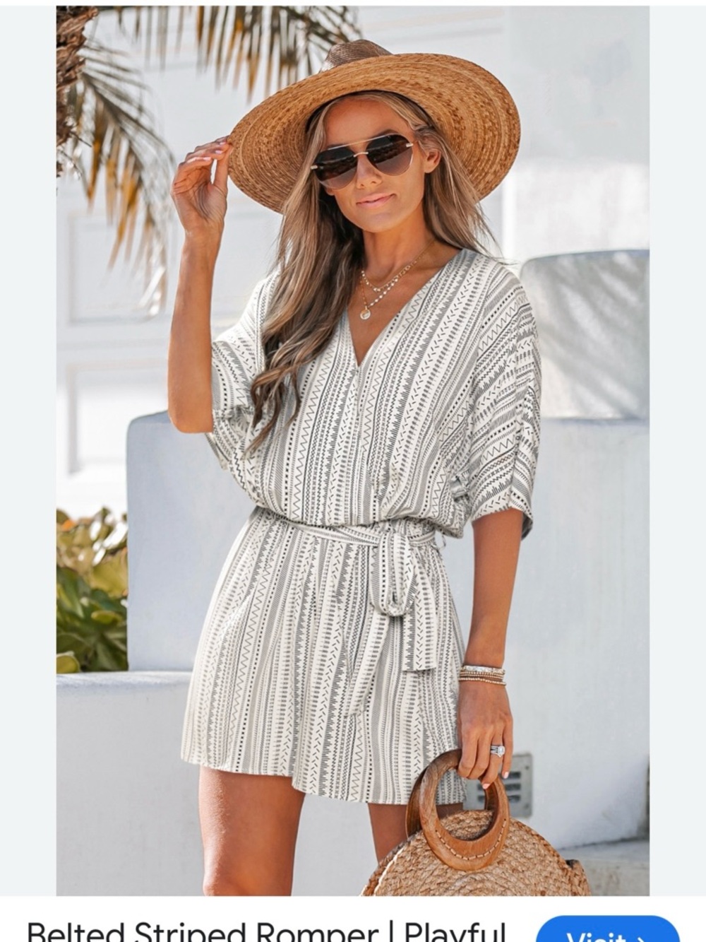 Cupshe White & Gray Striped Belted Swim Coverup Romper